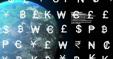 Currency symbols animation over rotating Earth in space