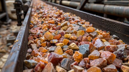 Close up view of rocks on conveyor belt in industrial mining with heavy machinery background