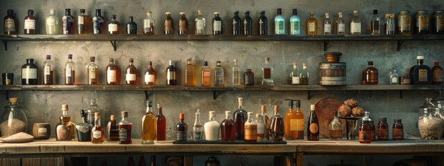 Rustic shelf display of various liquor bottles in a vintage setting