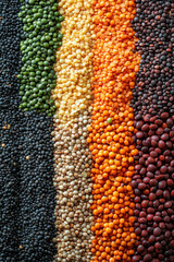 Colorful Lentils,  A vibrant display of various lentils and legumes arranged in colorful stripes, showcasing a beautiful and appealing assortment of these nutritious foods