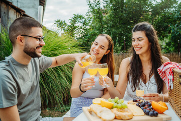 Group of three friends or family having picnic in backyard or garden