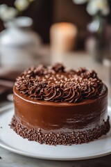 Obraz premium A rich and luxurious chocolate cake with decorative swirls and sprinkles, displayed on a white plate, perfect for dessert.