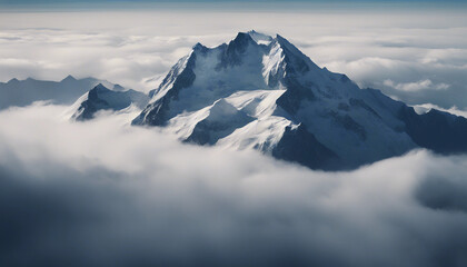 Obraz premium A dramatic shot of a towering, snow-capped mountain peak piercing through the clouds. The mountain i