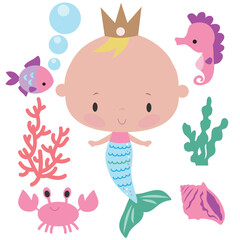 Cute baby mermaid . Sea princess  vector cartoon illustration