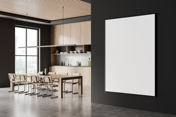 Home kitchen interior with dining table and cabinet, window. Mock up poster