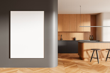 Modern kitchen interior with blank poster mockup on wall. 3D Rendering