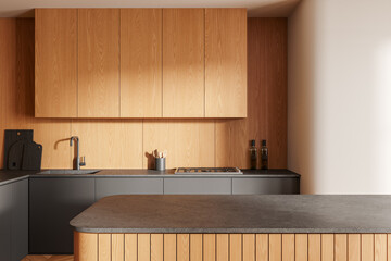 Modern kitchen with wooden cabinetry and grey countertops. 3D Rendering