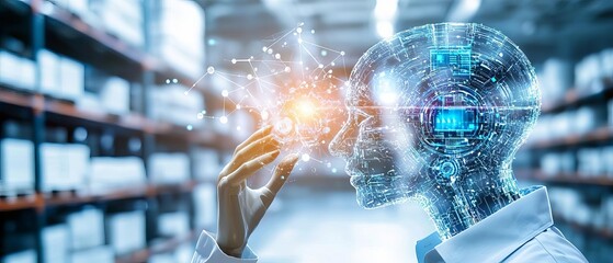 An advanced warehouse where artificial intelligence and machine learning analyze inventory in realtime, supported by robotic integration and cuttingedge research