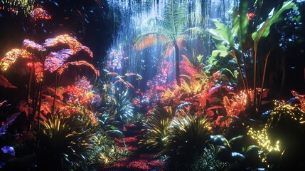 An enchanting and surreal scene of a vibrant, bioluminescent forest is depicted, with lush vegetation in an array of glowing colors. Various types of plants, including large leaves, ferns, and palm-li