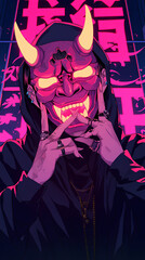 Obraz premium Cyberpunk anime boy head design Oni mask sign pose, profile view with generated ai