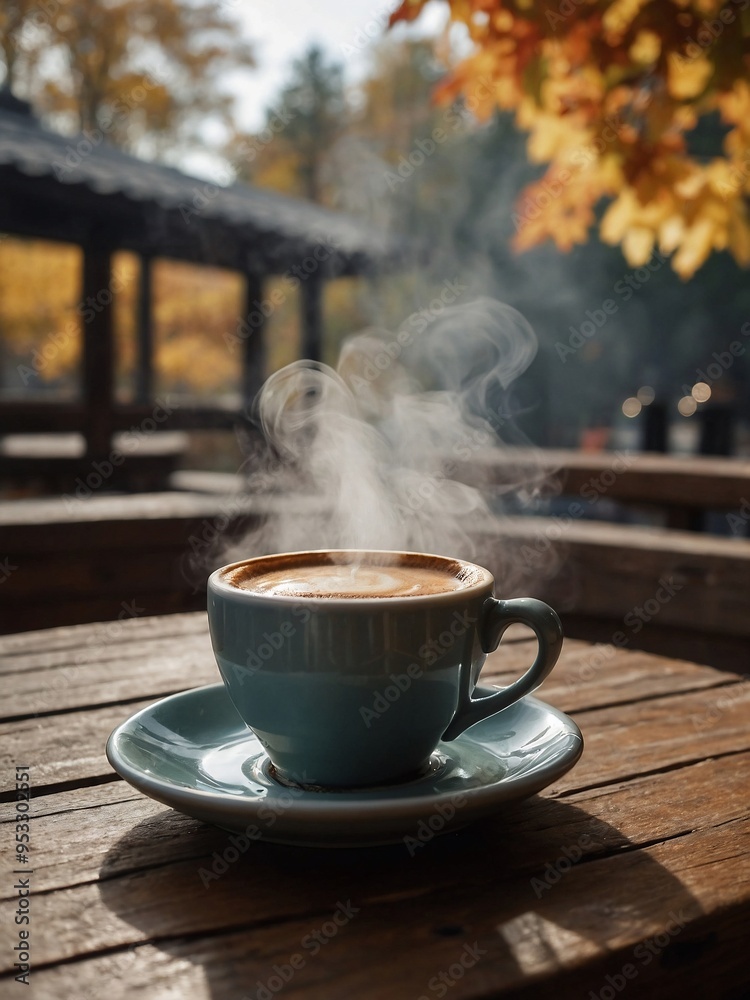 Wall mural a steaming coffee cup on an autumn terrace.