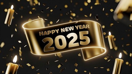 Golden 2025 New Year Celebration Banner with Balloons and Stars