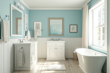 A bright and airy bathroom with coastal decor, featuring white fixtures, light blue walls, and natural light streaming in.