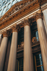 Fototapeta premium Bank Facade, A classical bank exterior featuring ornate columns, financial symbols, and charts that illustrate financial stability and prosperity