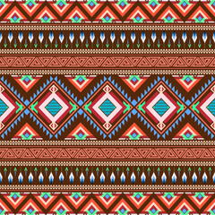 The colorful fabric pattern features abstract geometric shapes and Navajo patterns. Seamless graphic print pattern in a tribal art style. Suitable for textiles, skirts, sleeve edges, and carpets.