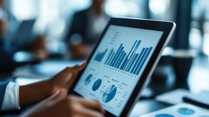 Financial Growth Charts,  A close-up view of financial growth charts displayed on a tablet during a business meeting, highlighting investment progress and strategies