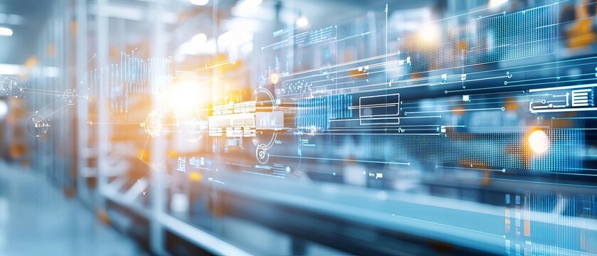 A closeup of a warehouse with AIpowered analytics and machine learning tools managing inventory, supported by robotic integration and advanced research