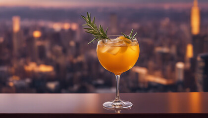 A luxurious scene of a cocktail glass filled with a golden-hued drink, garnished with a sprig of ros