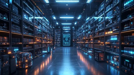 A futuristic storage hub where artificial intelligence, machine learning, and robotics analyze and manage inventory through realtime data analytics and researchdriven insights