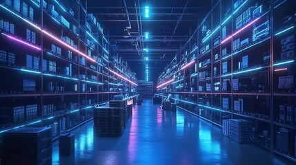 A futuristic storage hub where artificial intelligence, machine learning, and robotics analyze and manage inventory through realtime data analytics and researchdriven insights