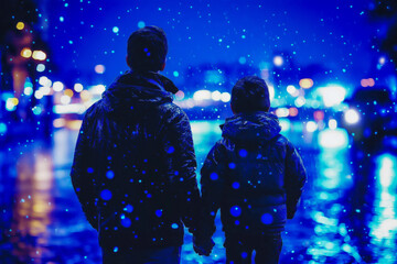 Father and Child Looking Out at City Lights Through Large Window and Child Walking in Snowy Urban Street at Night