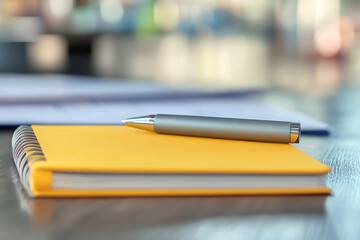A yellow notepad with a pen on top of the desk, surrounded by other office supplies