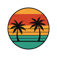 Retro vector illustration of a sunset with palm trees, gradient backdrop