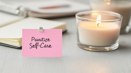 A calming pink note reading 'Prioritize Self-Care' beside a lit candle, creating a peaceful atmosphere.