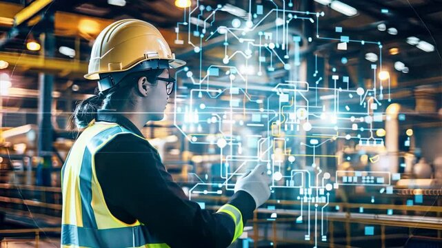 Engineering the Future: Female engineer in a smart factory, utilizing augmented reality technology to oversee production processes and optimize efficiency. 