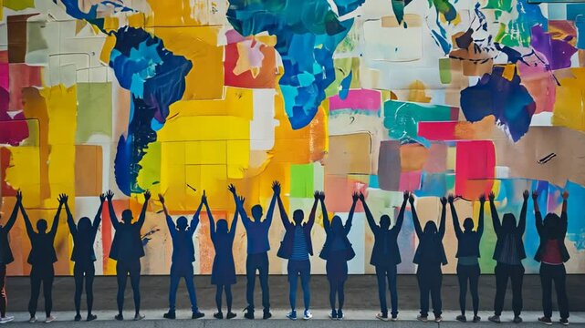 Global Unity: A powerful image of silhouettes holding hands against a vibrant world map, symbolizing connection, collaboration, and shared goals across cultures.  