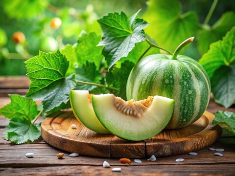 Freshly sliced wintermelon, glistening with dew, rests on a rustic wooden table amidst lush green leaves and tendrils, evoking a sense of serene summer simplicity.