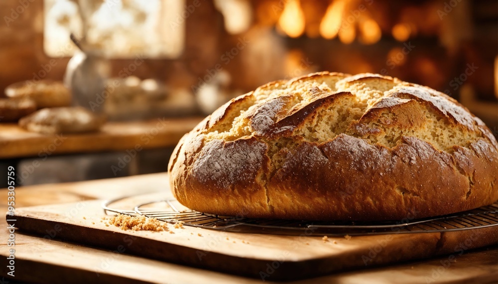 Wall mural freshly baked bread with sesame seeds on a wooden board. ai generative