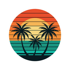 Retro vector illustration of a sunset with palm trees, gradient backdrop