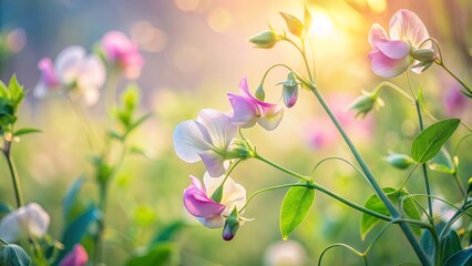 whimsical morning light soft focus sweetpea tendrils unfurling pastel hues delicate petals muted spring atmosphere intimate garden moment fresh growth fragile beauty nature's awakening