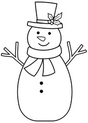 Winter snowman outline vector.
Isolated cute Christmas snowman coloring drawing vector.