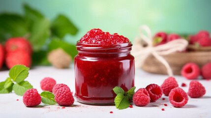 Raspberry jam with berry on light background