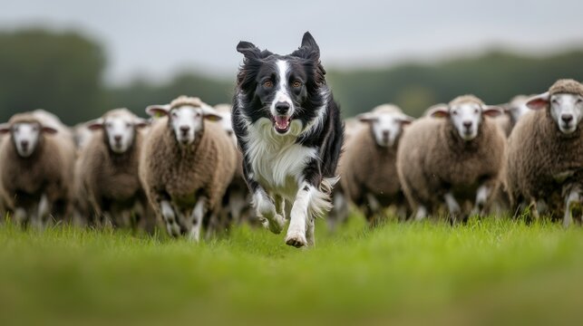 A border collie herding a group of sheep in an open field, focused and determined, showcasing the dog's agility and working instincts.