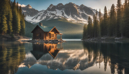 Fototapeta premium A serene scene of a cozy wooden cabin nestled by the edge of a crystal-clear mountain lake. The cabi