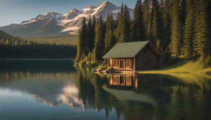 Fototapeta premium A serene scene of a cozy wooden cabin nestled by the edge of a crystal-clear mountain lake. The cabi