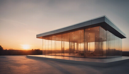 Obraz premium A sleek, futuristic glass pavilion set in a scenic outdoor location, with the sun setting behind it