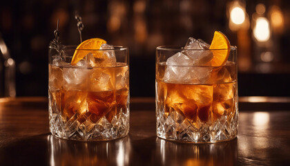 A sophisticated image featuring two old-fashioned cocktails served in heavy crystal glasses on a pol
