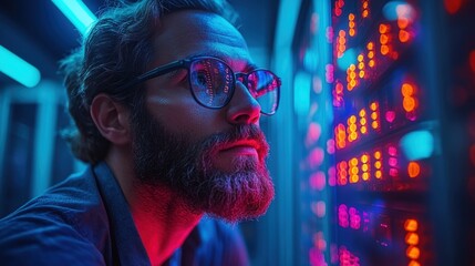Close-up of an IT professional wearing glasses, analyzing server data in a neon-lit room, reflecting intense focus and modern technology environment.