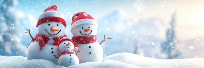 Fototapeta premium Joyful snowman family with matching scarves and hats