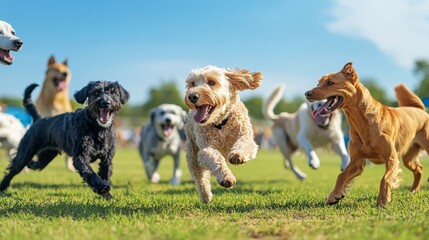 A group of dogs of various breeds playing together at a dog park, running, jumping, and interacting joyfully under a bright blue sky.