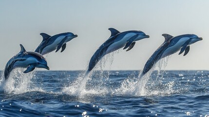 Fototapeta premium A group of dolphins leaping out of the ocean, captured mid-air with splashes of water around them, under a clear, sunny sky.
