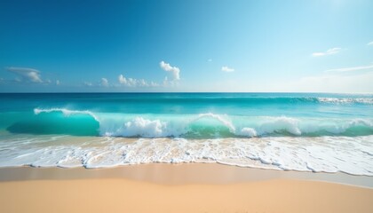Fototapeta premium Serene Beach with Clear Turquoise Waters and Blue Sky - Perfect for Nature and Travel Photography