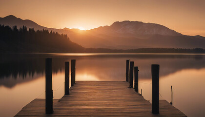 Fototapeta premium A tranquil scene of a wooden pier extending into a calm lake during the golden hour. The sky is abla