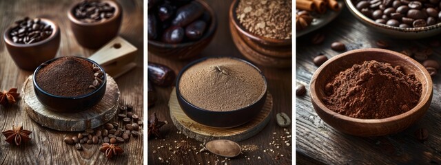 Rustic coffee powder and beans in a wooden setting