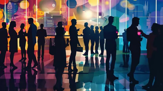Neon Networking Night: Professionals mingle against a vibrant, abstract cityscape, embodying the energy of urban connections and opportunity. 