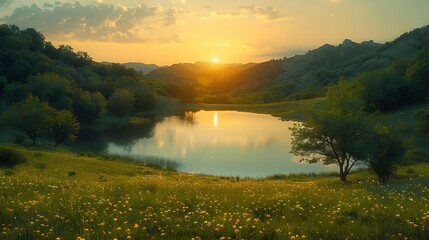 Naklejka premium A serene lake nestled in a lush valley, bathed in the golden glow of the setting sun, with vibrant wildflowers dotting the foreground.
